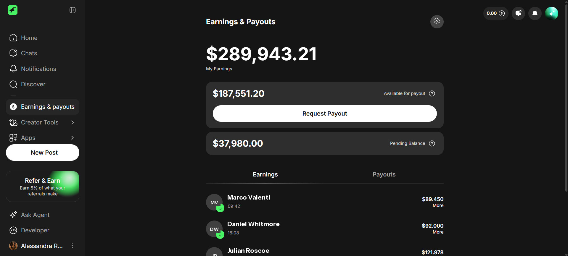 Screenshot of Alessandra's creator earnings and payouts dashboard